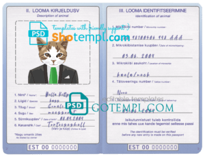 Estonia cat (animal, pet) passport PSD template, fully editable