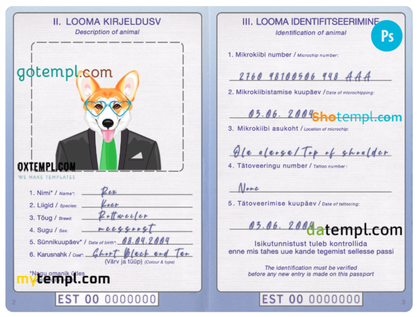 Estonia dog (animal, pet) passport PSD template, fully editable
