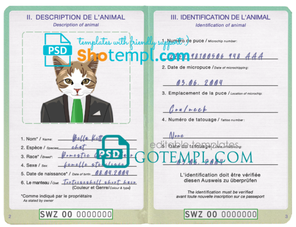 Eswatini (Swaziland) cat (animal, pet) passport PSD template, completely editable