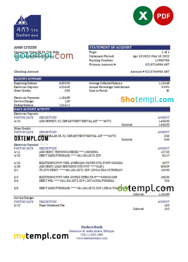 Ethiopia Dashen Bank statement Excel and PDF template