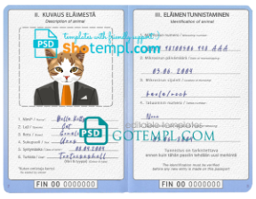 Finland cat (animal, pet) passport PSD template, completely editable