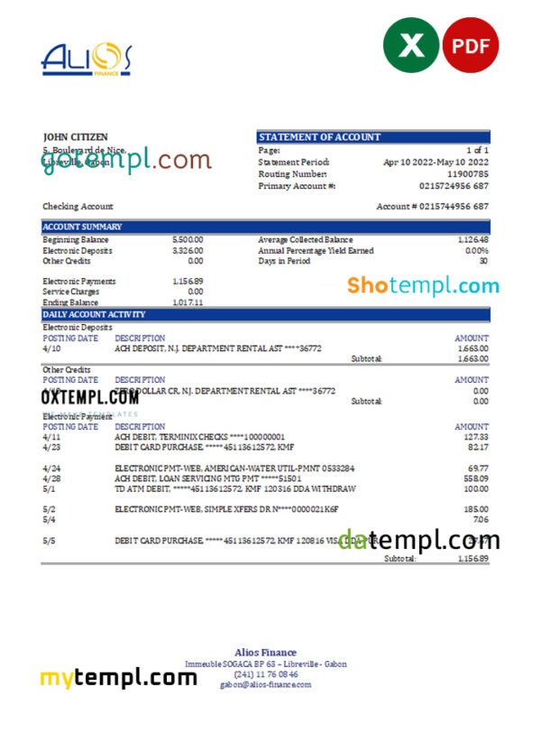 Gabon Alios Finance bank statement Excel and PDF template