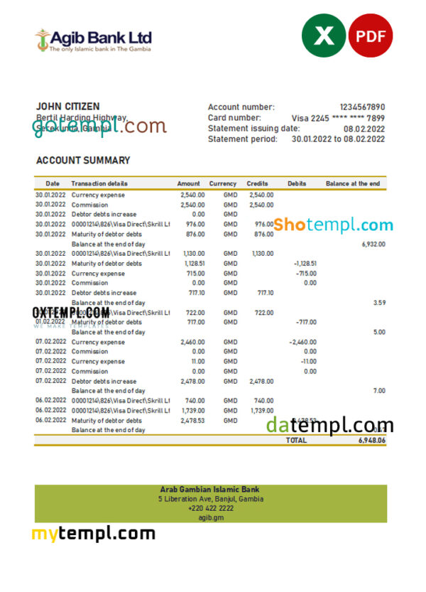 Gambia Arab Gambian Islamic bank statement Excel and PDF template