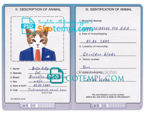 Gambia cat (animal, pet) passport PSD template, completely editable