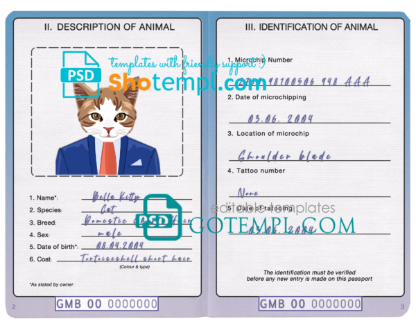 Gambia cat (animal, pet) passport PSD template, completely editable