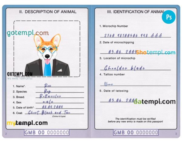 Gambia dog (animal, pet) passport PSD template, fully editable