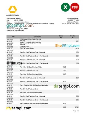 Germany Commerzbank statement Excel and PDF template