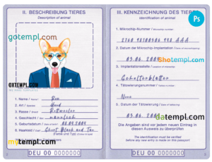 Germany dog (animal, pet) passport PSD template, fully editable