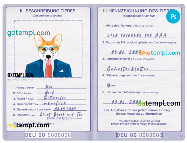 Germany dog (animal, pet) passport PSD template, fully editable
