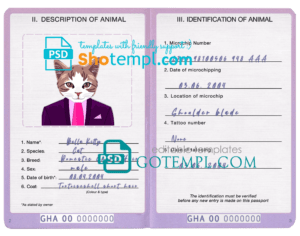 Ghana cat (animal, pet) passport PSD template, completely editable