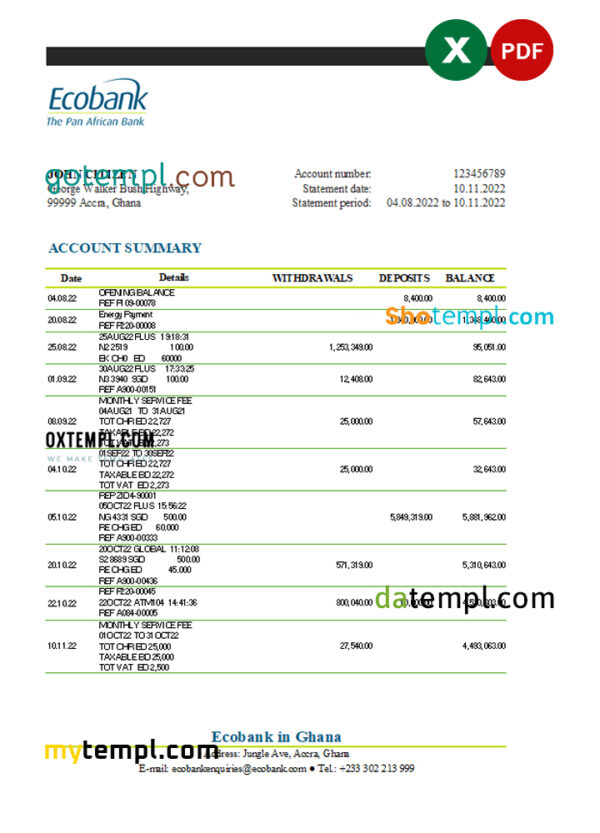 Ghana Ecobank bank statement Excel and PDF template