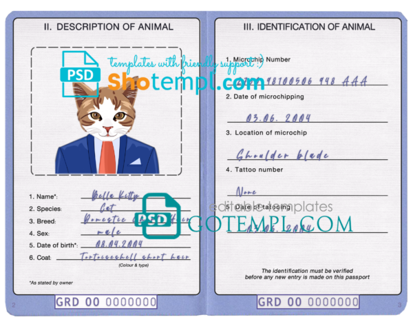 Grenada cat (animal, pet) passport PSD template, fully editable
