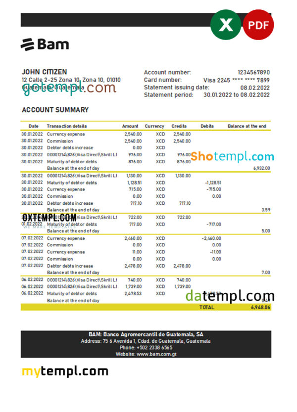 Guatemala Agromercantil bank statement Excel and PDF template