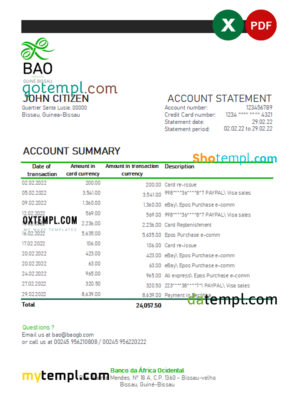 Guinea-Bissau Banco da Africa Ocidental bank statement Excel and PDF template