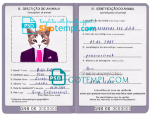 Guinea-Bissau cat (animal, pet) passport PSD template, completely editable