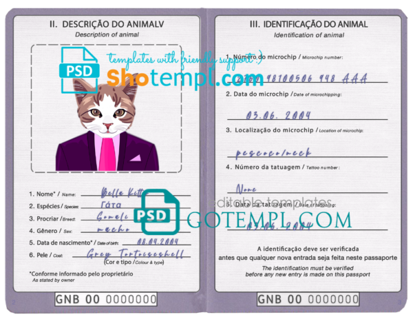 Guinea-Bissau cat (animal, pet) passport PSD template, completely editable