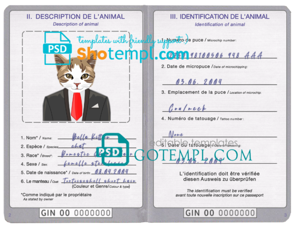Guinea cat (animal, pet) passport PSD template, fully editable