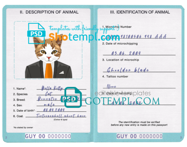 Guyana cat (animal, pet) passport PSD template, fully editable