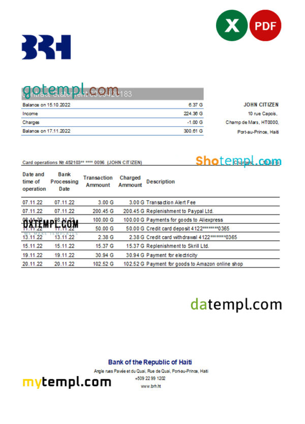 Haiti BRH bank statement Excel and PDF template
