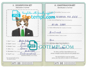 Haiti cat (animal, pet) passport PSD template, completely editable