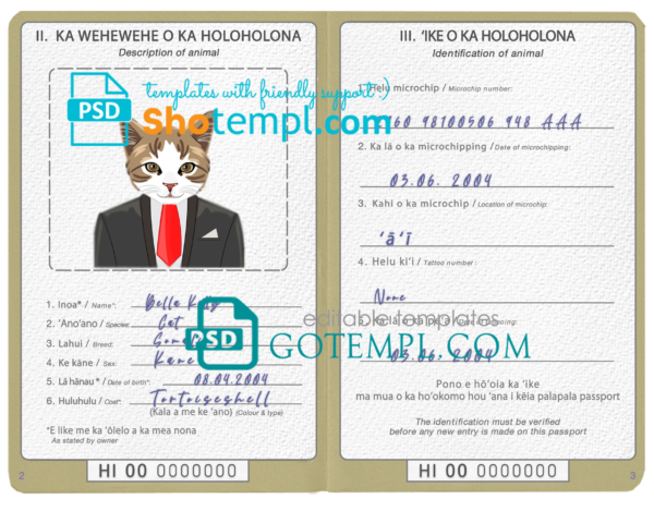 Hawaii cat (animal, pet) passport PSD template, completely editable