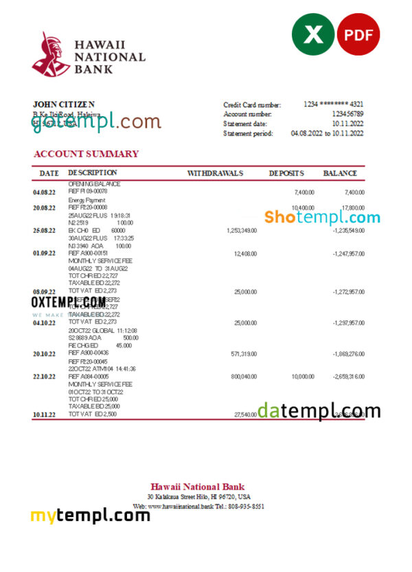 Hawaii National Bank statement Excel and PDF template