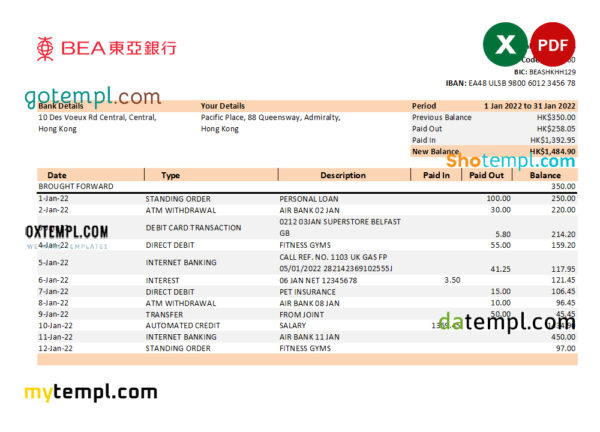 Hong Kong BEA bank statement Excel and PDF template