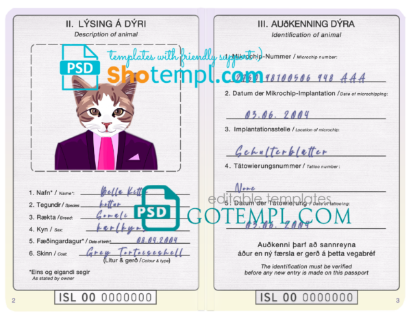 Iceland cat (animal, pet) passport PSD template, completely editable