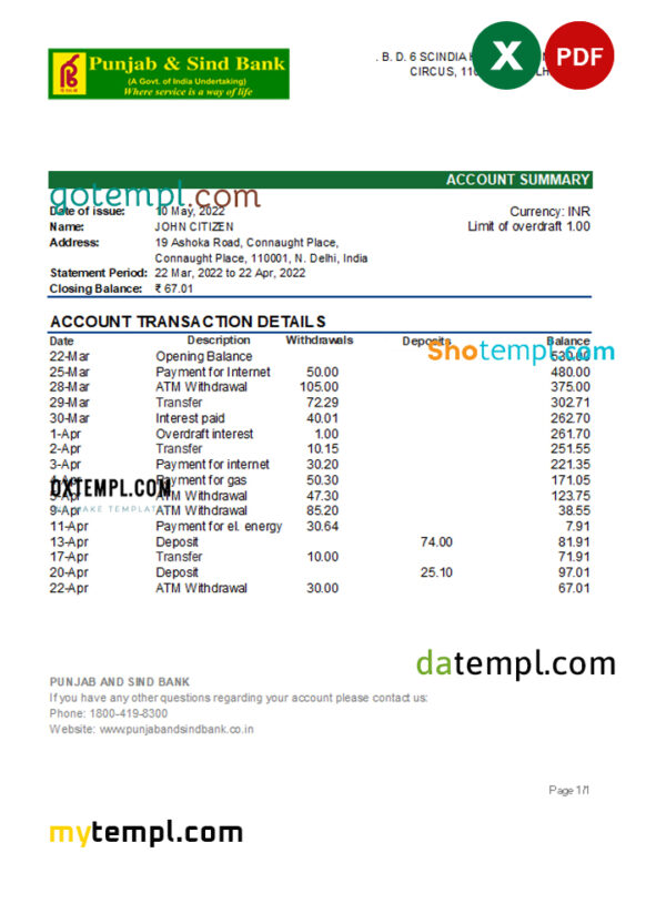 India Punjab and Sind bank statement Excel and PDF template