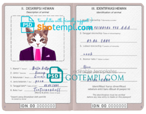 Indonesia cat (animal, pet) passport PSD template, completely editable