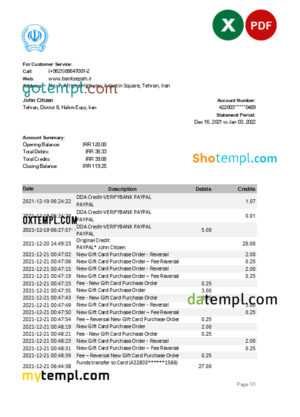 Iran Bank Sepah bank statement Excel and PDF template