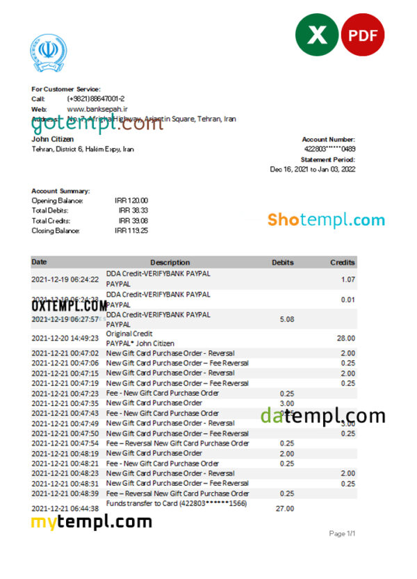 Iran Bank Sepah bank statement Excel and PDF template