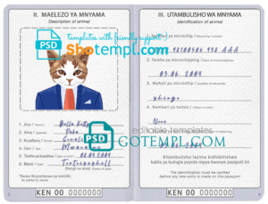 Kenya cat (animal, pet) passport PSD template, completely editable