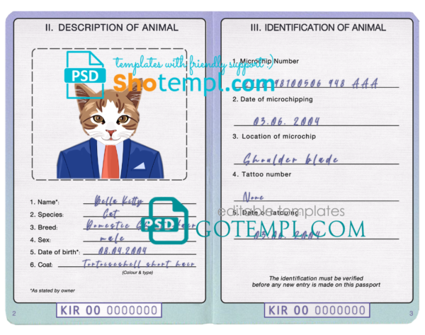Kiribati cat (animal, pet) passport PSD template, completely editable