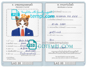 Laos cat (animal, pet) passport PSD template, completely editable