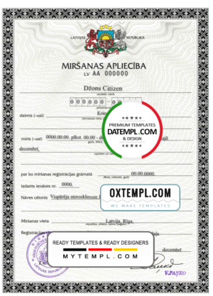 Latvia death certificate template in PSD format, fully editable