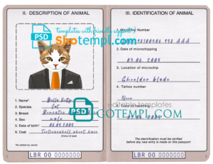 Liberia cat (animal, pet) passport PSD template, fully editable