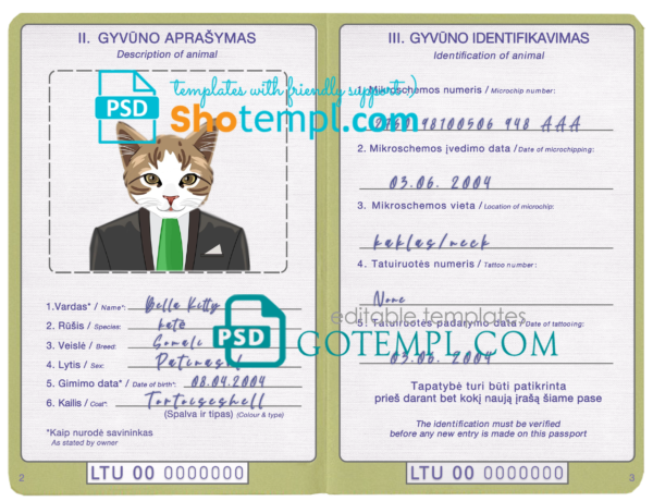 Lithuania cat (animal, pet) passport PSD template, completely editable