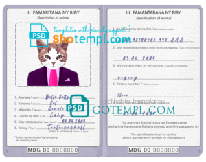 Madagascar cat (animal, pet) passport PSD template, fully editable