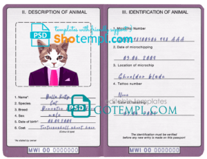 Malawi cat (animal, pet) passport PSD template, completely editable