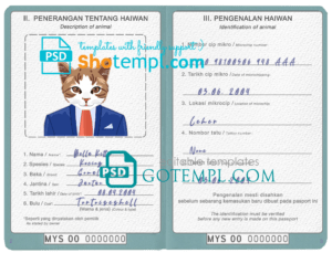Malaysia cat (animal, pet) passport PSD template, completely editable