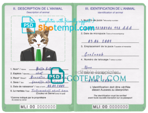 Mali cat (animal, pet) passport PSD template, completely editable