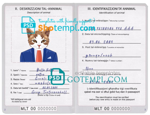 Malta cat (animal, pet) passport PSD template, completely editable