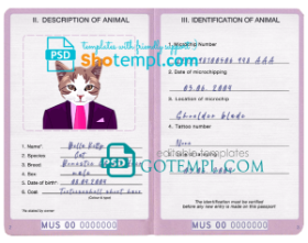 Mauritius cat (animal, pet) passport PSD template, fully editable