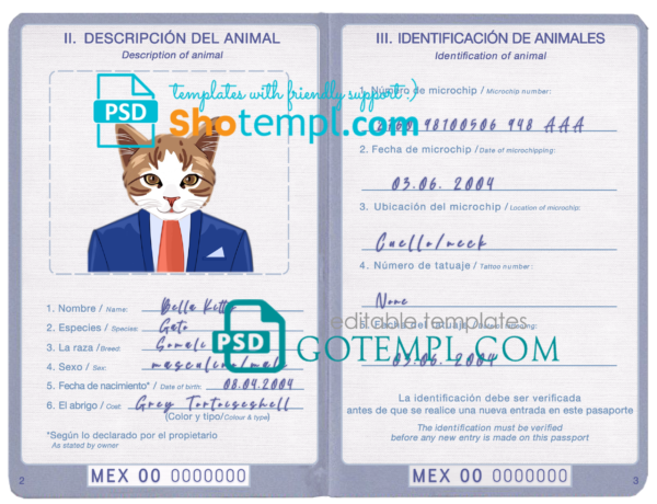 Mexico cat (animal, pet) passport PSD template, completely editable