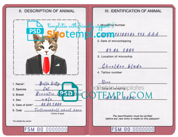 Micronesia cat (animal, pet) passport PSD template, fully editable