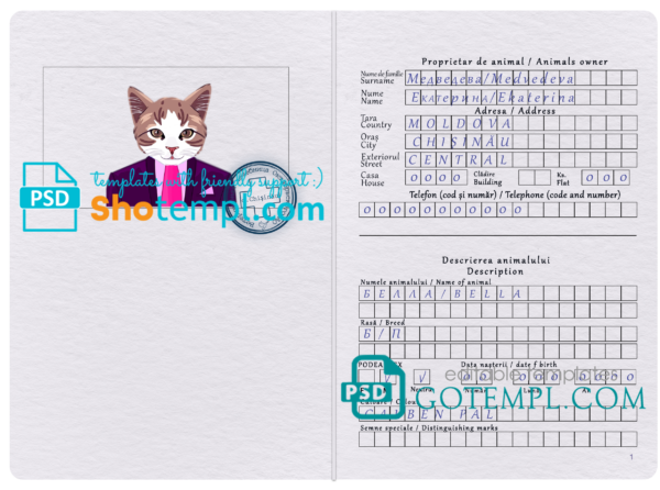Moldova cat (animal, pet) passport PSD template, fully editable