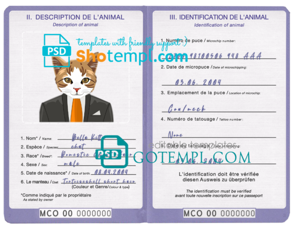 Monaco cat (animal, pet) passport PSD template, fully editable