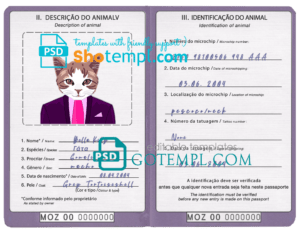 Mozambique cat (animal, pet) passport PSD template, fully editable