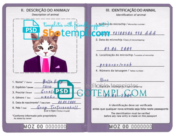 Mozambique cat (animal, pet) passport PSD template, fully editable